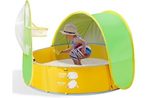 FBSPORT Baby Beach Tent, 50+ UPF Pop Up Pool Tent Sun Shelter, Kids Ball Pit Tent Baby Padding Pool, with Sunshade Canopy Basketball Hoop, Portable Beach Backyard Play Tent Toys for Indoor Outdoor