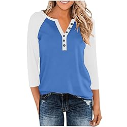 3/4 Length Sleeve Womens Tops Cotton Dressy V Neck