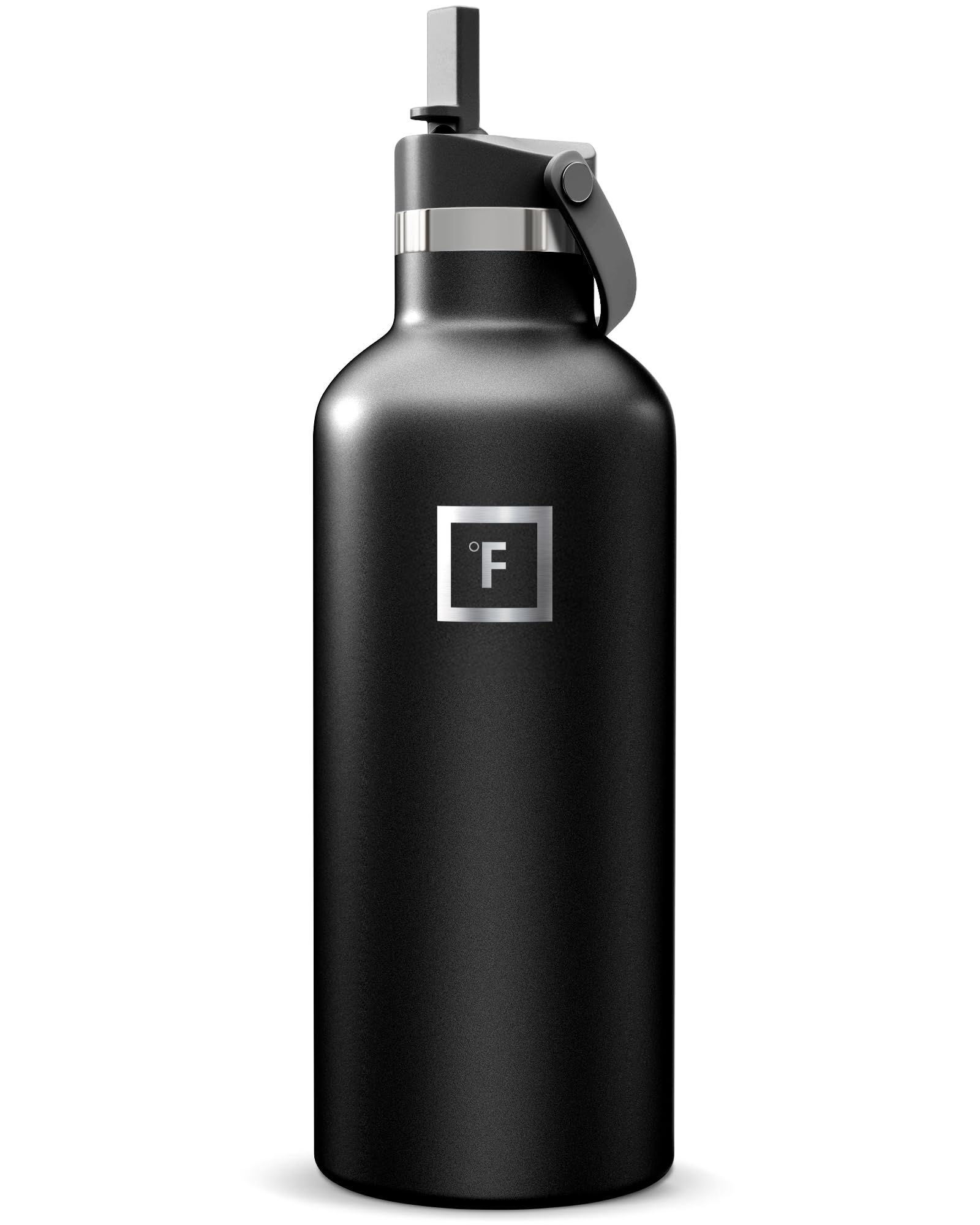 IRON °FLASK Camping & Hiking Hydration Flask with Straw, Narrow Mouth Insulated Stainless Steel Sports Water Bottle - Midnight Black 32 oz - Straw (1 Lid) Image