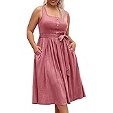 Beautife Women's Plus Size Summer Midi Dress Sleeveless A-Line Square Neck Pleated Belted Tank Dress