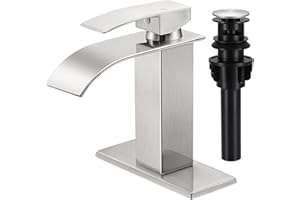 LUFG Bathroom Faucets Brushed Nickel Waterfall Bathroom Sink Faucet Modern Single Handle Bathroom Faucet for 1 or 3 Hole Mxier Tap Washbasin Faucet with Deck, Pop-up Drain and Supply Hoses