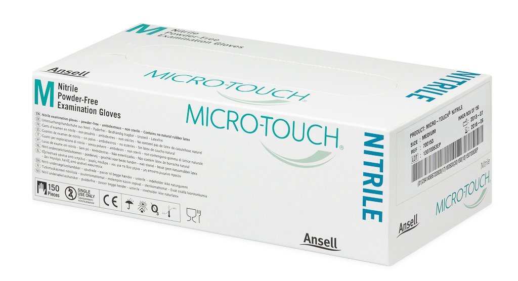 Ansell Medical 700153 Examination Glove, Non-Sterile, Nitrile Powder-Free, Micro-Touch, Medium (Pack of 150)