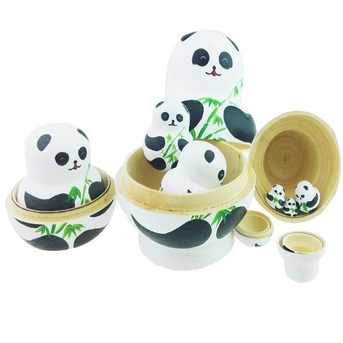 Cute Animal Panda with Bamboo Handmade Wooden Russian Nesting Dolls Matryoshka Dolls Set 10 Pieces for Kids Toy Home Decoration