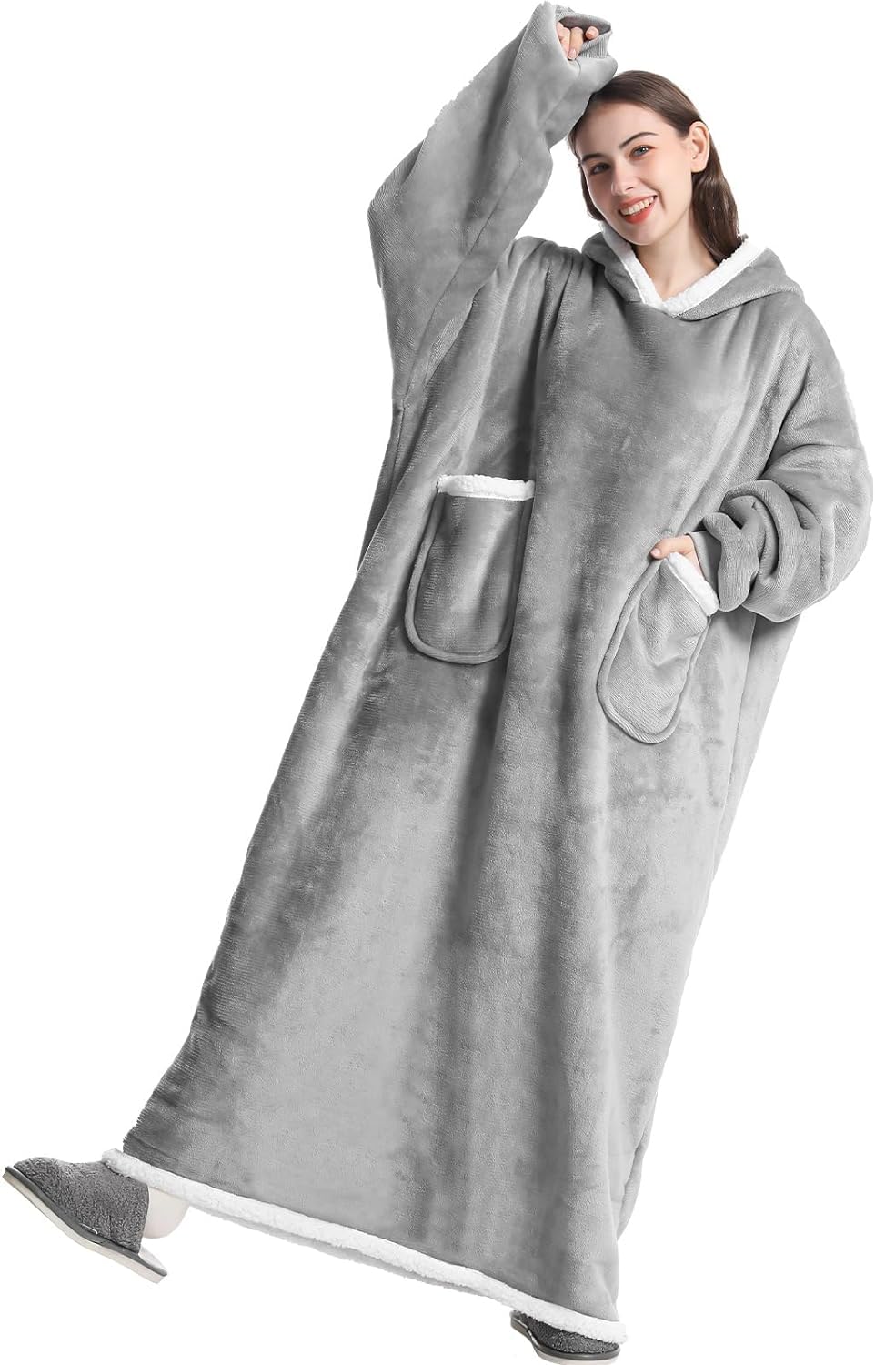 Boikey Oversized Hoodie Velvet Blanket Jumper Sweatshirt,Extra Long Hooded Blanket with Sleeves Hoodie Wearable,Throw with Pockets One Size for Adult Women and Men (Light Grey)
