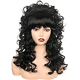 FantaLook 80s Long Curly Vintage Cosplay Wig with Bang for Women 60 70s Queen Costume for Halloween Party (Black)