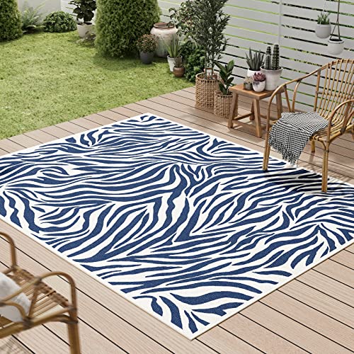 Dripex Indoor/Outdoor Area Rug, Non-Slip 5x7 Rugs Resist Dirt & Fade Patio Area Rug, Low-Profile Weather Resistant Living Room Carpet Blue Stripes Floor Mats for Home Entryway Porch Balcony Deck Yard