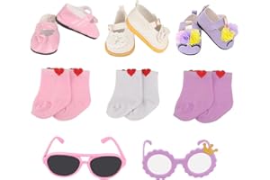 MSYO 18 Inch Doll Shoes & Accessories Set (8-Piece Bundle)-3 Pairs Shoes + 3 Socks + 2 Glasses,Dress-Up Kit for 18 Inch Dolls,Girls Birthday Gift,Bulk Crafts & Playtime Accessories