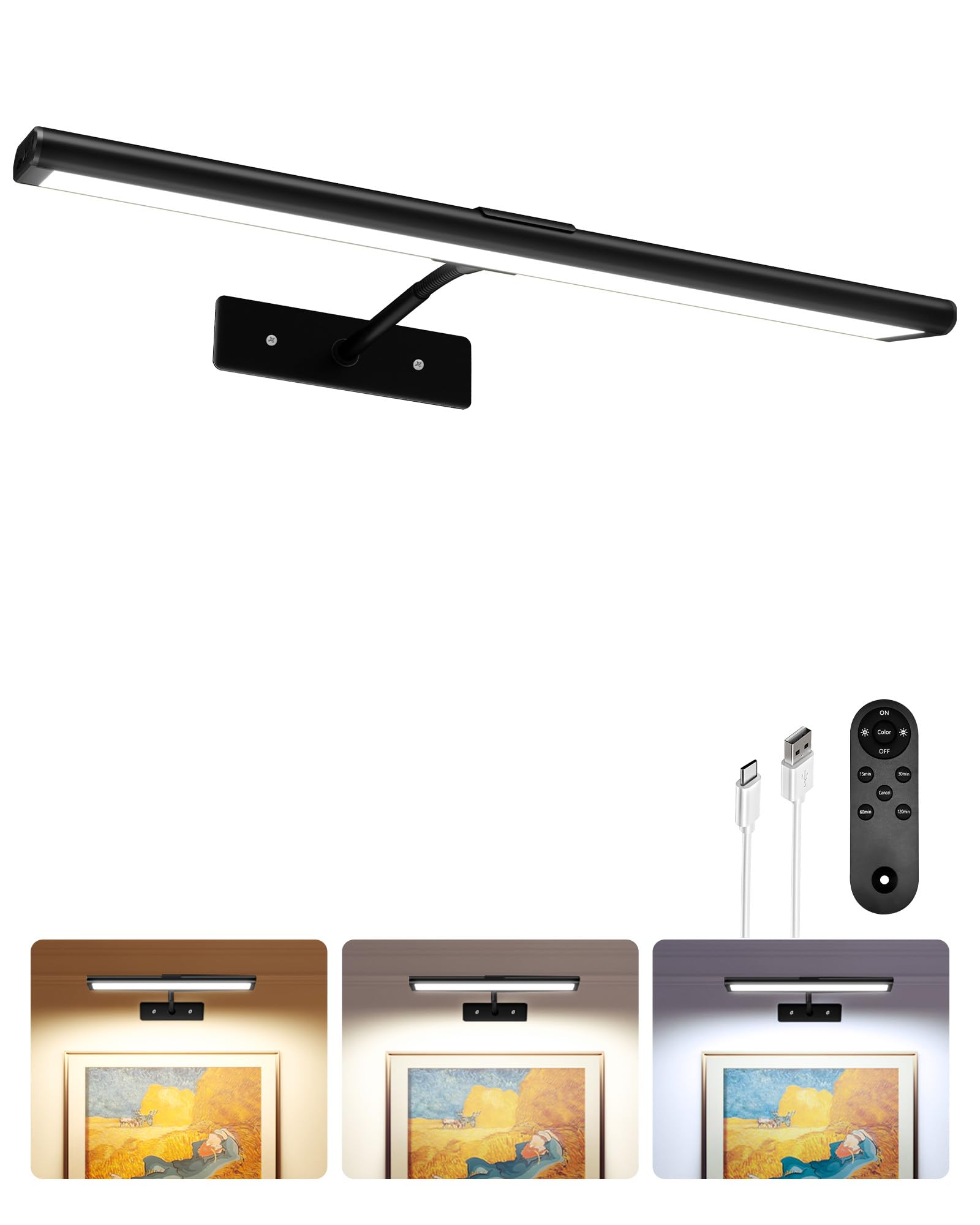 Photo 1 of EZVALO Picture Light for Wall, 13'' Black Rechargeable 4800mAh Battery Lights Wireless Remote, Dimmable Magnetic LED Art Painting Light with 3 Color Temperatures, Display for Gallery, Living Room