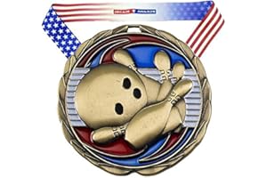 Decade Awards Bowling Color Medal - 2.5 Inch Wide Tournament Medallion with Stars and Stripes American Flag V Neck Ribbon