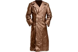 Men’s Double Breasted Leather Trench Coat Military Uniform Full-Length Overcoat Vintage Motorcycle Long Jakcet