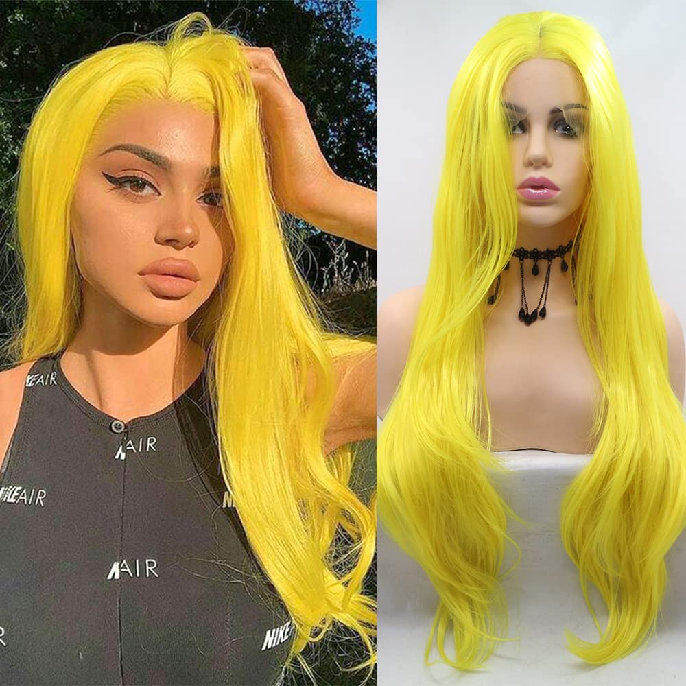 Xiweiya Bright Yellow Lace Front Wig Long Natural Wavy Fluorescent Yellow Synthetic Lace Front Wigs For Women Heat Resistant Fiber Mermaid Hair 150% Density Replacement Hair 24inch