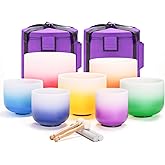 CVNC 432HZ 6-12 Inch Set of 7 Aria Gradient Design Crystal Singing Bowls | Frosted Quartz Singing Bowls with 2 PCS Carry Case Bag for Sound Healing Yoga and Meditation