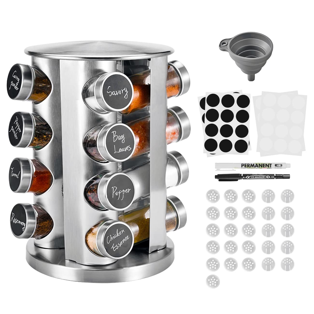 Miorkly Rotating Spice Rack Organiser with 16 Spice Jars, Thick and Strong Spice Racks Free Standing Carousel Spice Storage Can Rotated 360°, 16 Glass Spice Jars for Cooking Revolving Spice Rack
