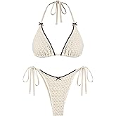 ZAFUL Bikini Sets for Women Halter Two Piece Swimsuit Eyelet Triangle Tie Side Thong Bathing Suit Bowknot Lace Trim Swimwear