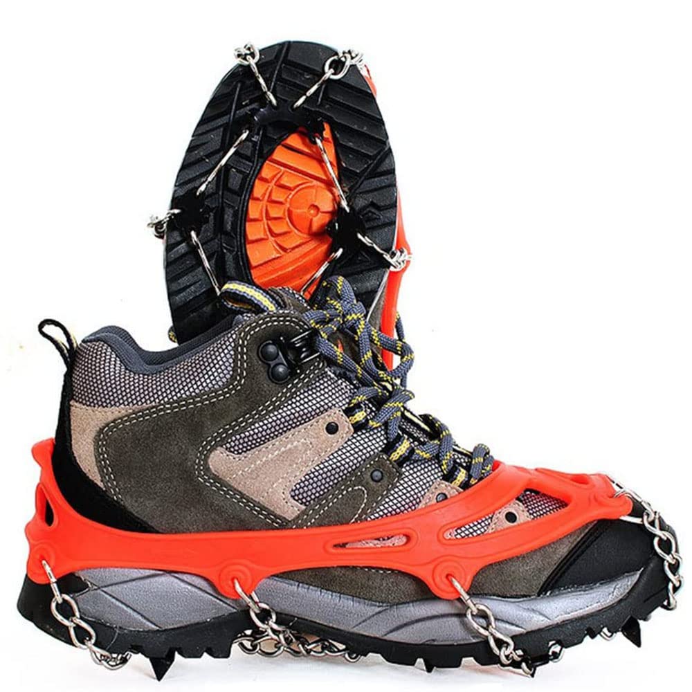 Amasawa Snow Shoe Cleat (1 Pair), Non-Slip Crampon with 8 Hooks for Chain Shoes Manganese Steel Snow Climbing Hiking or Activities on Snow Terrain (Orange)