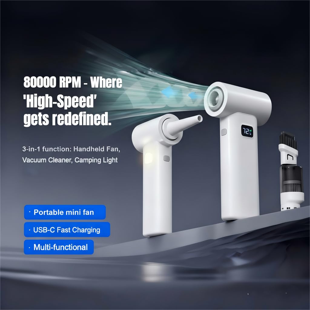 SHOWSUN Portable Handheld Turbo Fan, 6 Speeds Adjustable Mini Personal Fan, 5000mAh Rechargeable Battery with LED Light & Multi-Function Dust Kit for Travel Camping Makeup Essentials Gifts