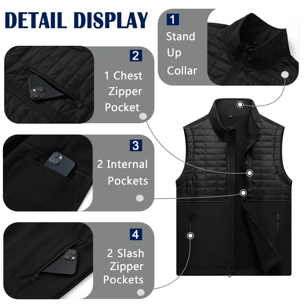 AKuVoL Men's Windproof Softshell Vest Zip Up Fleece Lined Lightweight Sleeveless Jacket for Skiing Hiking Running Black XL
