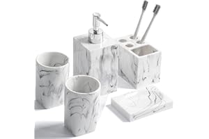 5-Piece Bathroom Counter Top Accessory Set - Dispenser for Liquid Soap or Lotion, Soap Dish, Toothbrush Holder and 2 Tumblers