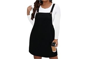 WDIRARA Women's Plus Size Corduroy Dress Adjustable Strap Jumper Pinafore Overalls Mini Dress Skirt with Pocket