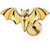 FINE4U 1PC ASTM F136 Titanium Halloween Bat Cartilage Earring 16G 6mm 8mm Flat back Stud for Tragus Helix Conch