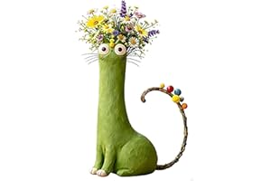 Hand Crafted Quirky Cat Vase, Cute Cat Flower Vase for Desk, Shelf, 7-inch Resin Cats Planter Vases, Animal-Shaped Figurine O