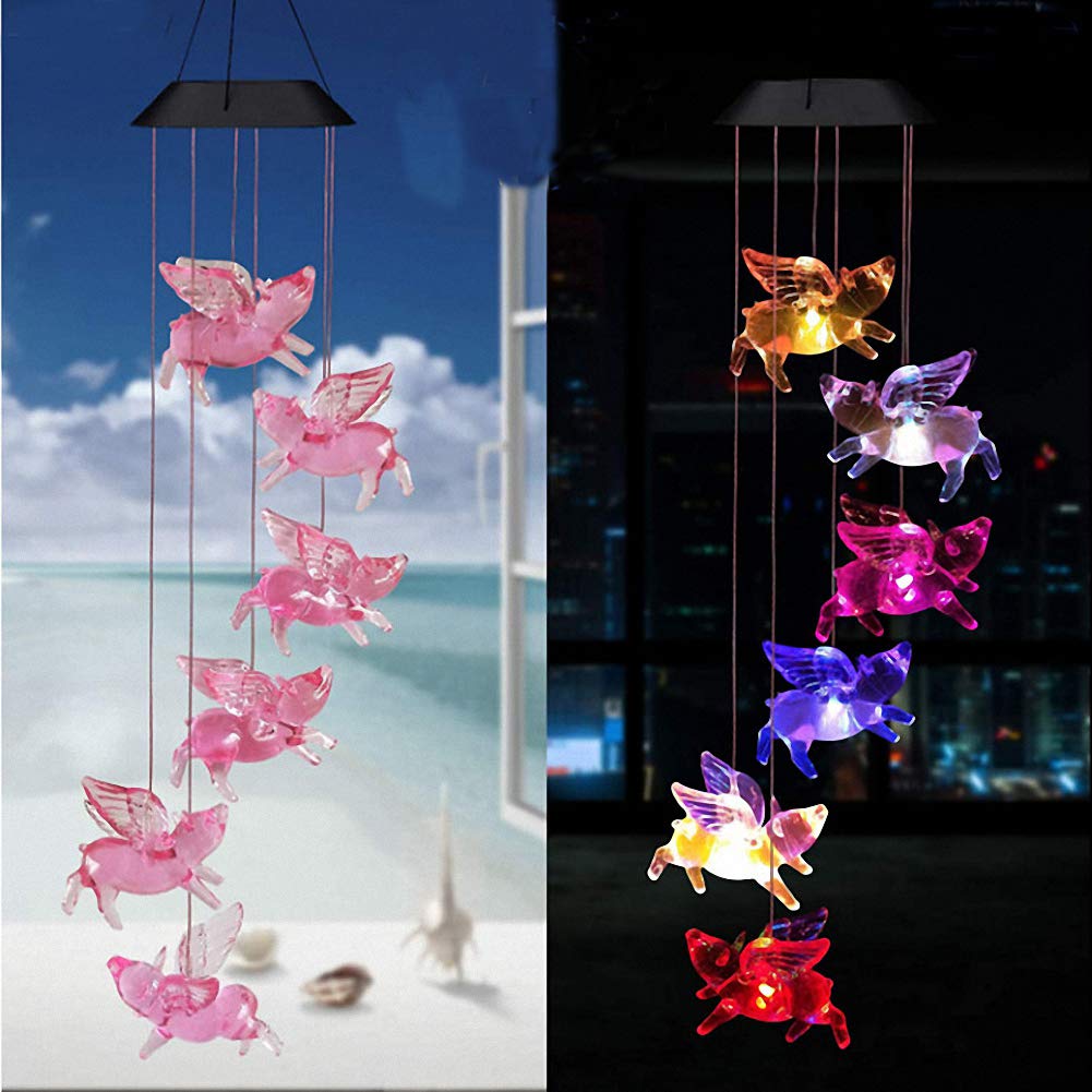Solar Wind Chime Outdoor LED Color Hanging Flying Pig lamp Mobile Solar Lights Romantic Décor for Patio Garden Yard Home Decoration