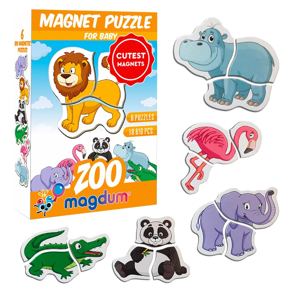 Zoo Animal Magnetic Puzzle for Kids - Magdum - 6 Zoo Animals with 18 Magnetic Pieces - First Learning Puzzle Game for Toddlers - Educational Preschool Toy - Large Safe Durable Pieces - Gift