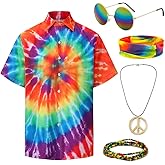 Gionforsy Hippie Costume Outfit for Men Women 60s 70s Costume Accessories Tie Dye Shirt Peace Necklace for Halloween Party