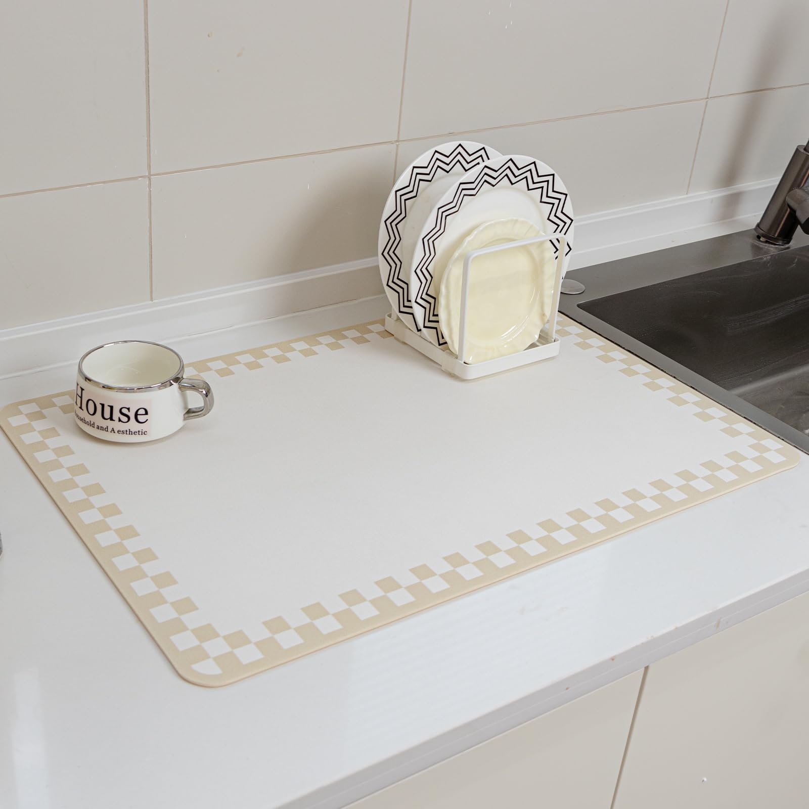 Photo 1 of 2PCS Coffee Bar Mat for Countertop Super Absorbent Hide Stain Cuttable Dish Drying Mat for Kitchen Counter,Beige White