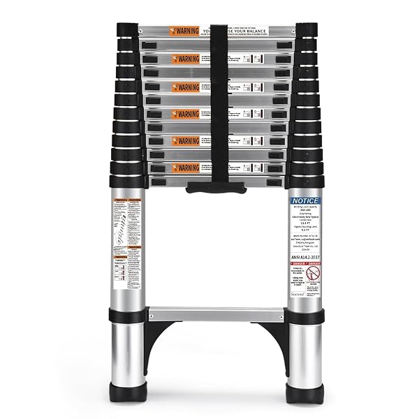 TELESCOPING LADDER, SOCTONE 12.5 FT ALUMINUM LIGHTWEIGHT EXTENSION LADDER WITH 2 TRIANGLE STABILIZERS, HEAVY DUTY 250LBS MAX CAPACITY, MULTI-PURPOSE COLLAPSIBLE LADDER FOR RV OR OUTDOOR WORK