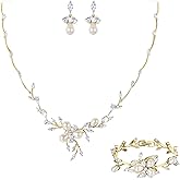 EVER FAITH Marquise CZ Simulated Pearl Bridal Flower Leaf Filigree Necklace Earrings Bracelet Set