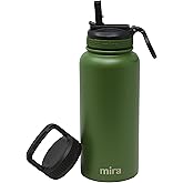 MIRA 32 oz Insulated Water Bottle - Stainless Steel Sports Flask with 2 Lids (Straw & Handle) - Cold Drink Thermo - Olive Green