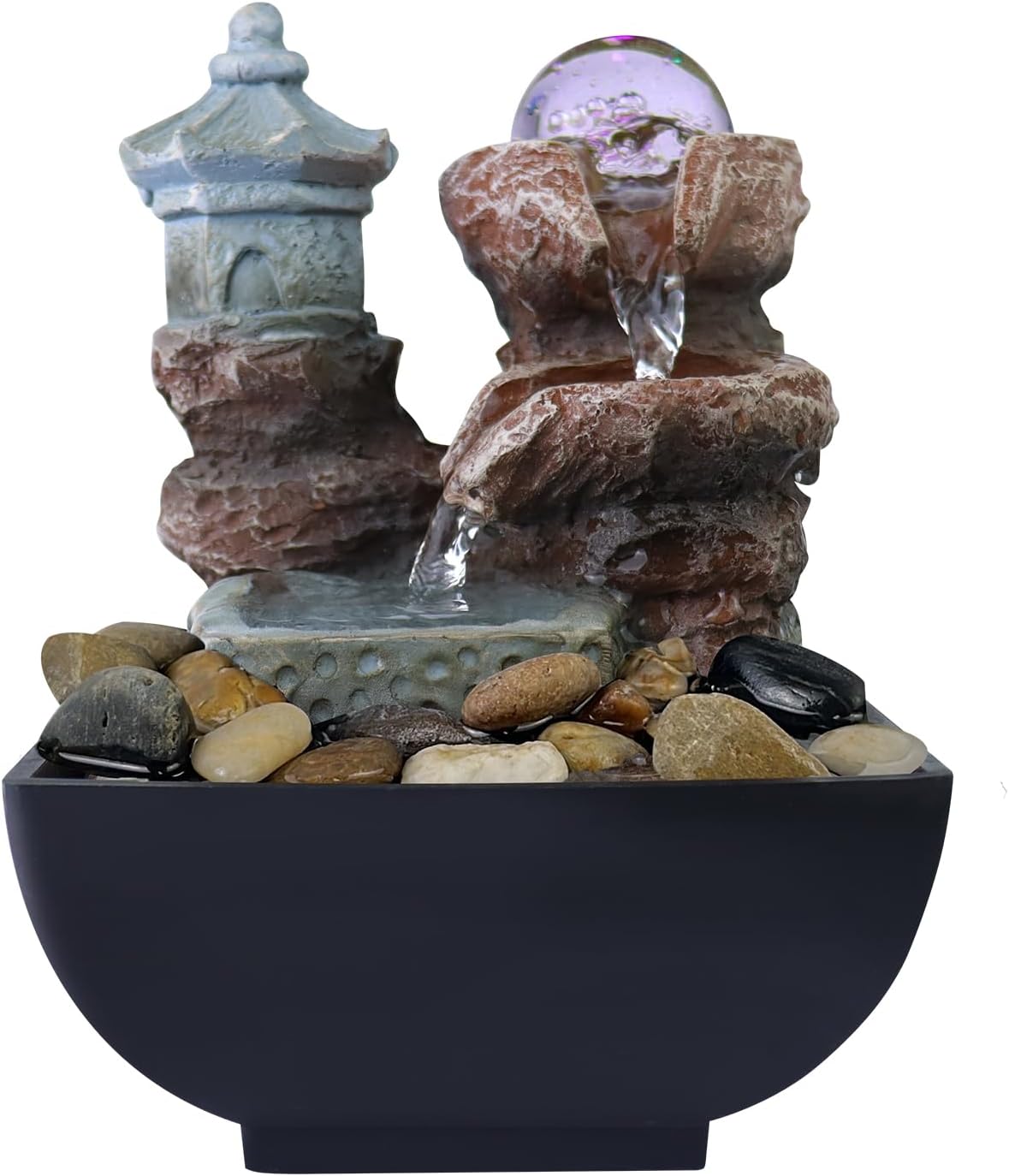 Indoor Fountains & Accessories - SHJADE Tabletop Fountain, Indoor Fountain Waterfall 3 Tiered, Relaxation Zen Meditation Desktop Fountain with LED Light, Natural River Rock, Rotating Ball for Home and Office Decoration