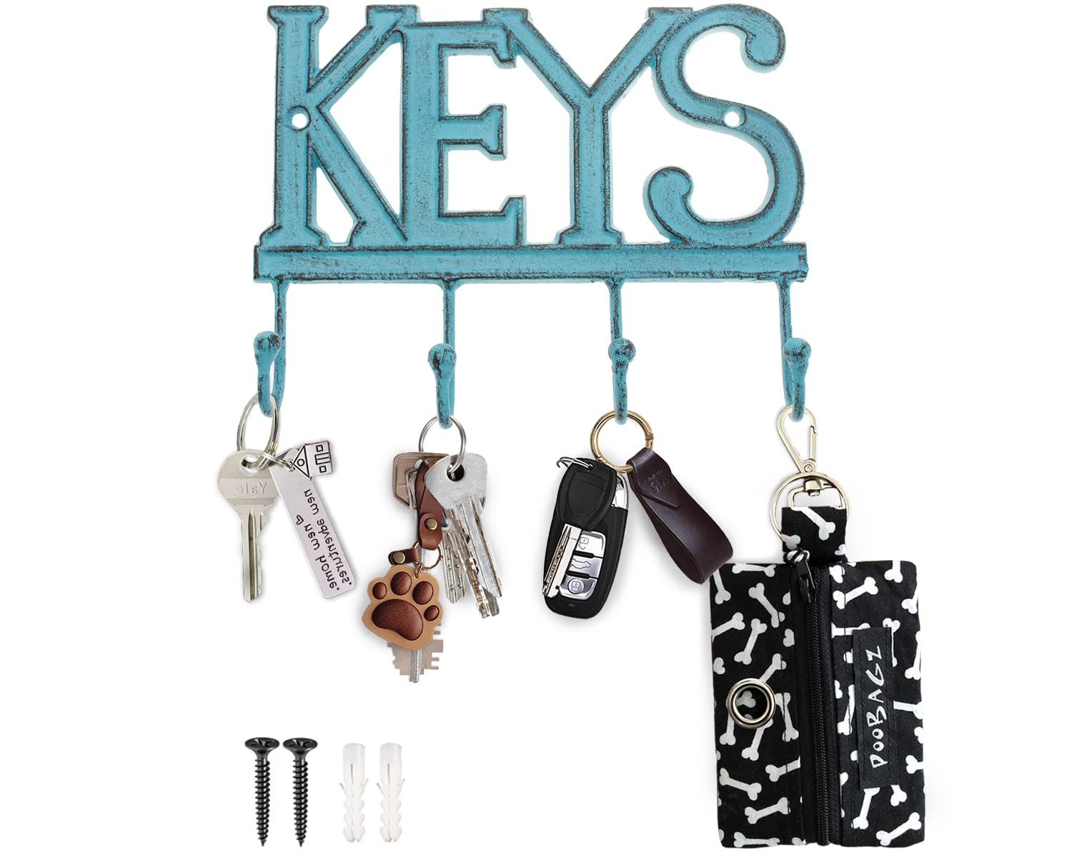 Comfify Key Holder “Keys” – Wall Mounted Western Key Holder | 4 Key Hooks | Decorative Cast Iron Key Rack | with Screws and Anchors – 6x8”- CA-1506-04 (Rustic Blue)