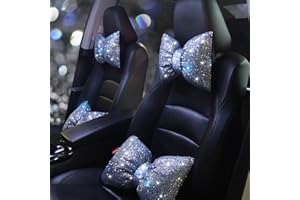 Pirador Car Neck Pillows Bowknot Car Headrest Cushion Crystal Rhinestone Diamond Bling Accessories for Women Driving Comfort Neck Support Pillow White 2Pcs
