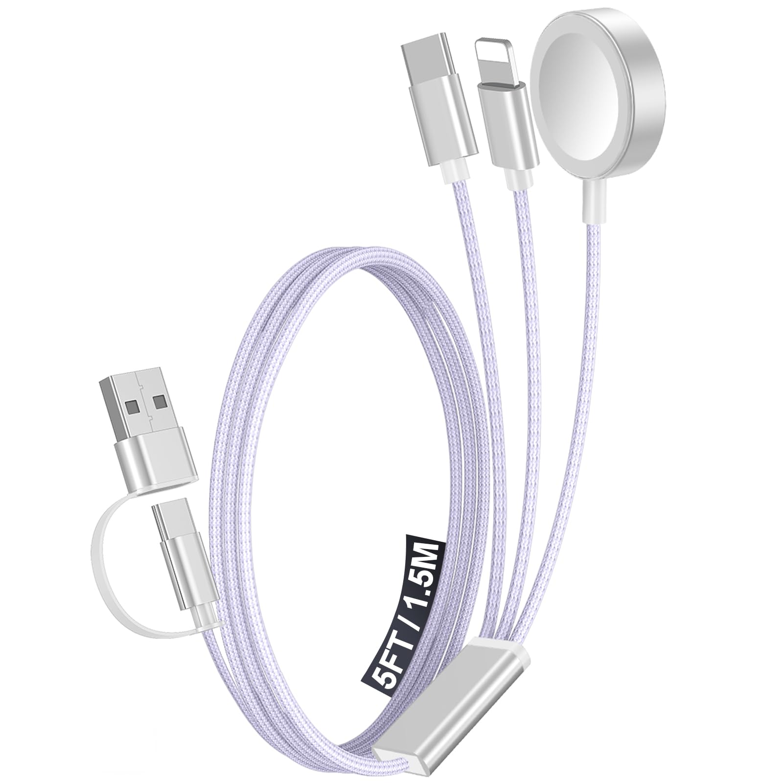Photo 1 of 1Pack Multi Charging Cable Cord for Travel Essentials,Apple Watch Charger,iPhone Charger,[3-in-2] Type C/Lightning Cable Portable Designed for iWatch,iPhone 17-8,Galaxy S25-21,AirPods,iPad-1.5M Purple