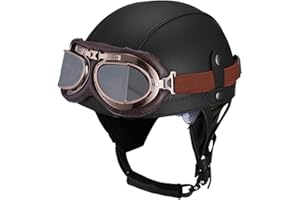 Woljay Vintage Leather Motorcycle Retro Half Helmet Men Women Adult for Scooter Bike Cruiser with Goggles and Drop Down Sun L