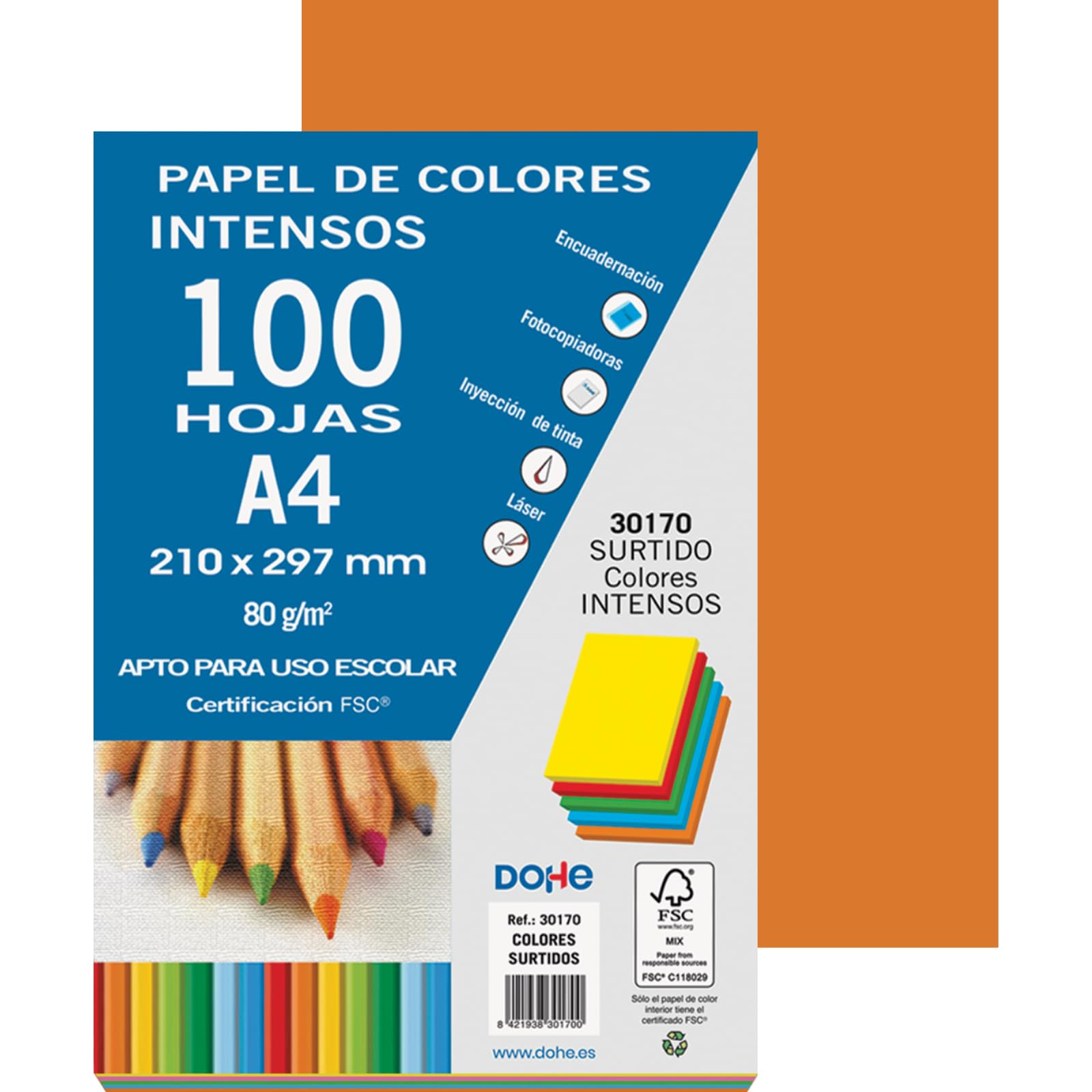 Dohe - Pack of 100 Paper 80 g A4 Intense., Orange - FSC Mix AEN-COC-000243