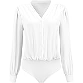 Hobemty Women's Button Down Bodysuit Long Sleeve V Neck Classic Business Work Shirt Top