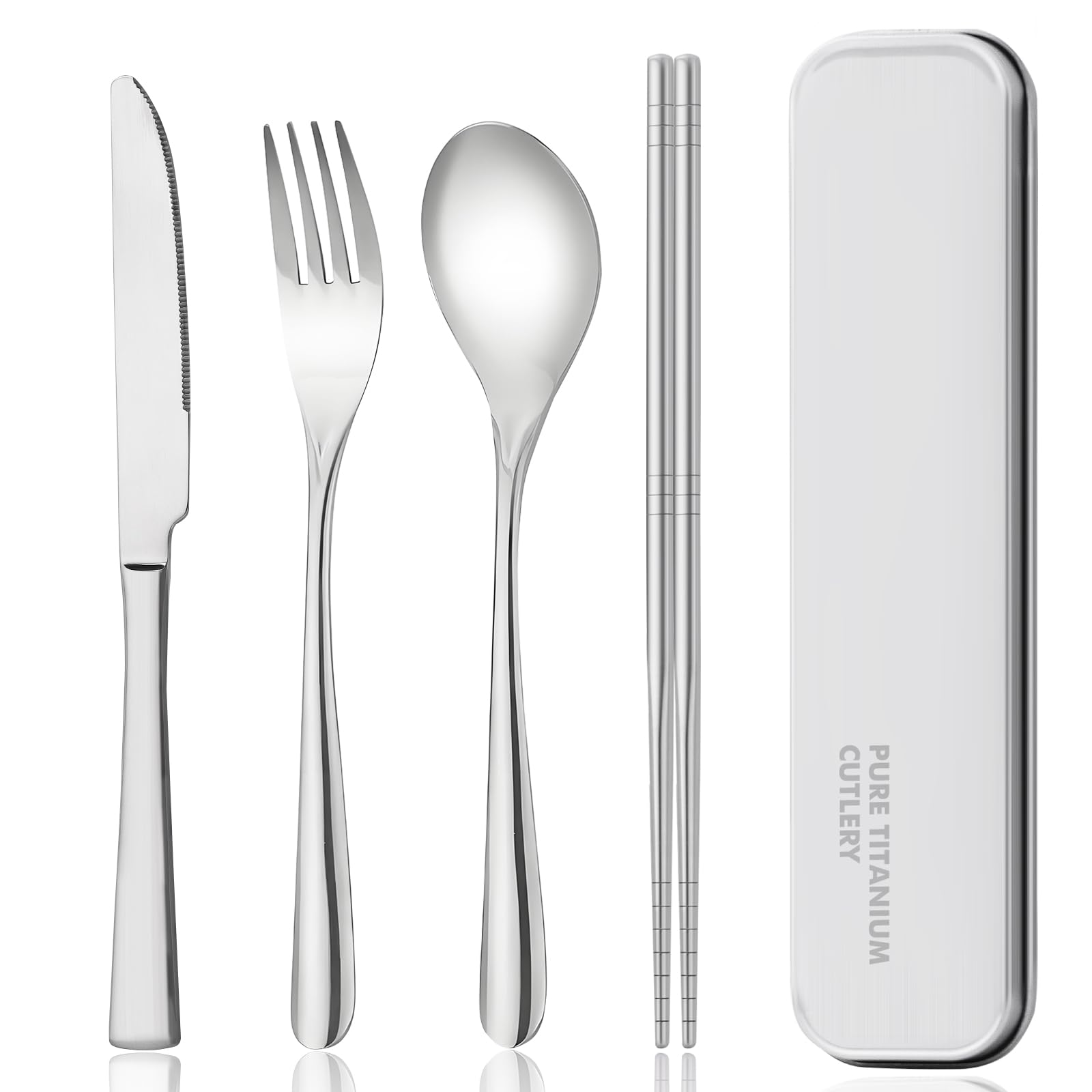 Photo 1 of Zing TTI titanium tableware set, travel tableware with box, including titanium fork, knife, chopsticks and spoon, packed in a suitcase, portable design, suitable for school, work, picnic, camping use