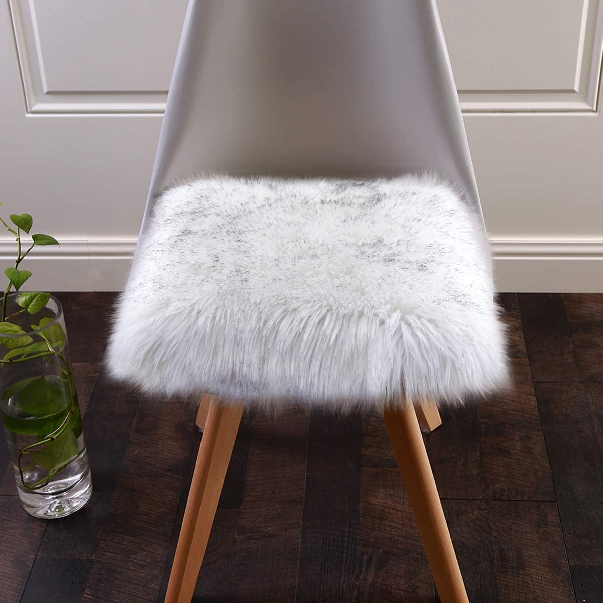 Photo 1 of Softlife White Faux Fur Sheepskin Chair Cover 2 PCs Seat Cushion Pad Super Soft Area Rugs for Living Bedroom Sofa Dorm (1.6ft x 1.6ft, White-Grey Tip)