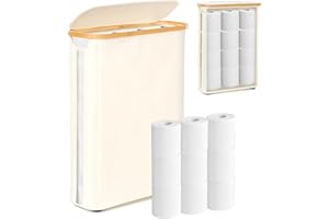 GARPROVM Toilet Paper Storage Basket with Lid, Slim Free Standing Toilet Roll Storage Holder Stand with See Through Window, Holds up to 20 Regular Rolls or 12 Mega Rolls Bathroom Organizer, Beige