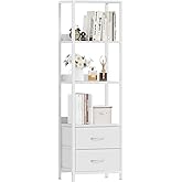 Furnulem 4-Tier Corner Shelf, Bookshelf with 2 Storage Drawers, 57.28”Tall Narrow Bookcase, Standing Shelf Organizer Unit for Living Room, Bedroom, Metal Frame, Wood Display Shelf