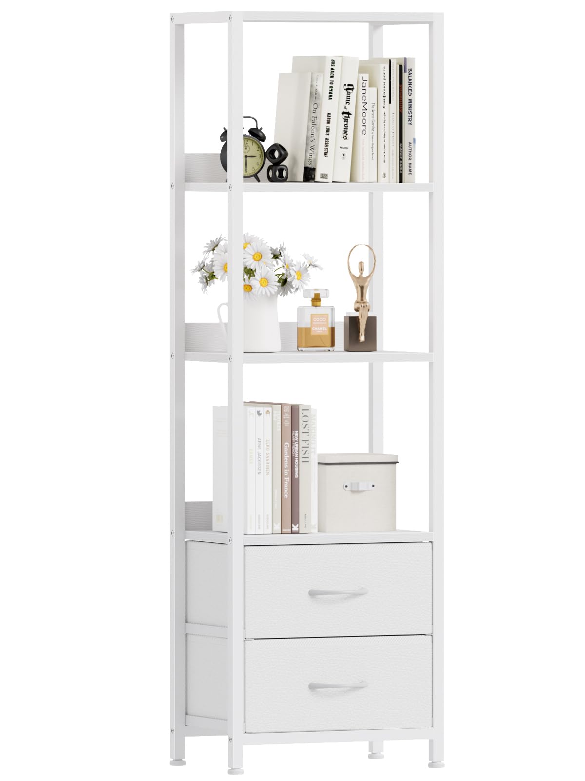 Photo 1 of Furnulem 4-Tier Corner Shelf, Bookshelf with 2 Storage Drawers, 57.28”Tall Narrow Bookcase, Standing Shelf Organizer Unit for Living Room, Bedroom, Metal Frame, Wood Display Shelf