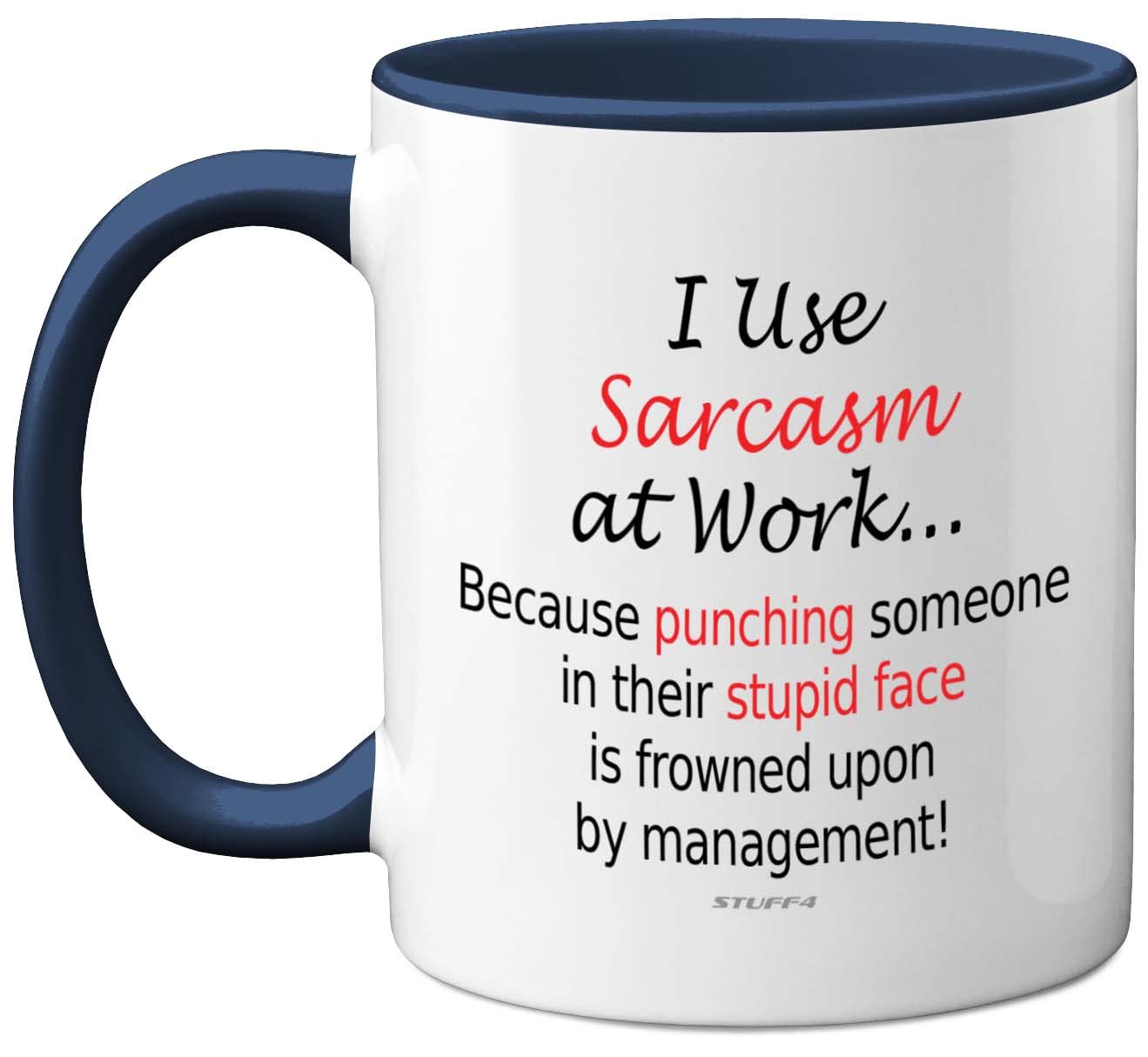 Funny Mugs - I Use Sarcasm at Work - Desk Novelty Mugs for Colleagues, Secret Santa, Christmas Birthday Gifts, 11oz Dishwasher Safe Navy Handle Mug
