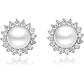 KEETEEN "Sunshine" Sterling Silver 8.5-9mm White Freshwater Cultured Pearl Earrings Studs AAA Zirconia Earrings Gift for Women