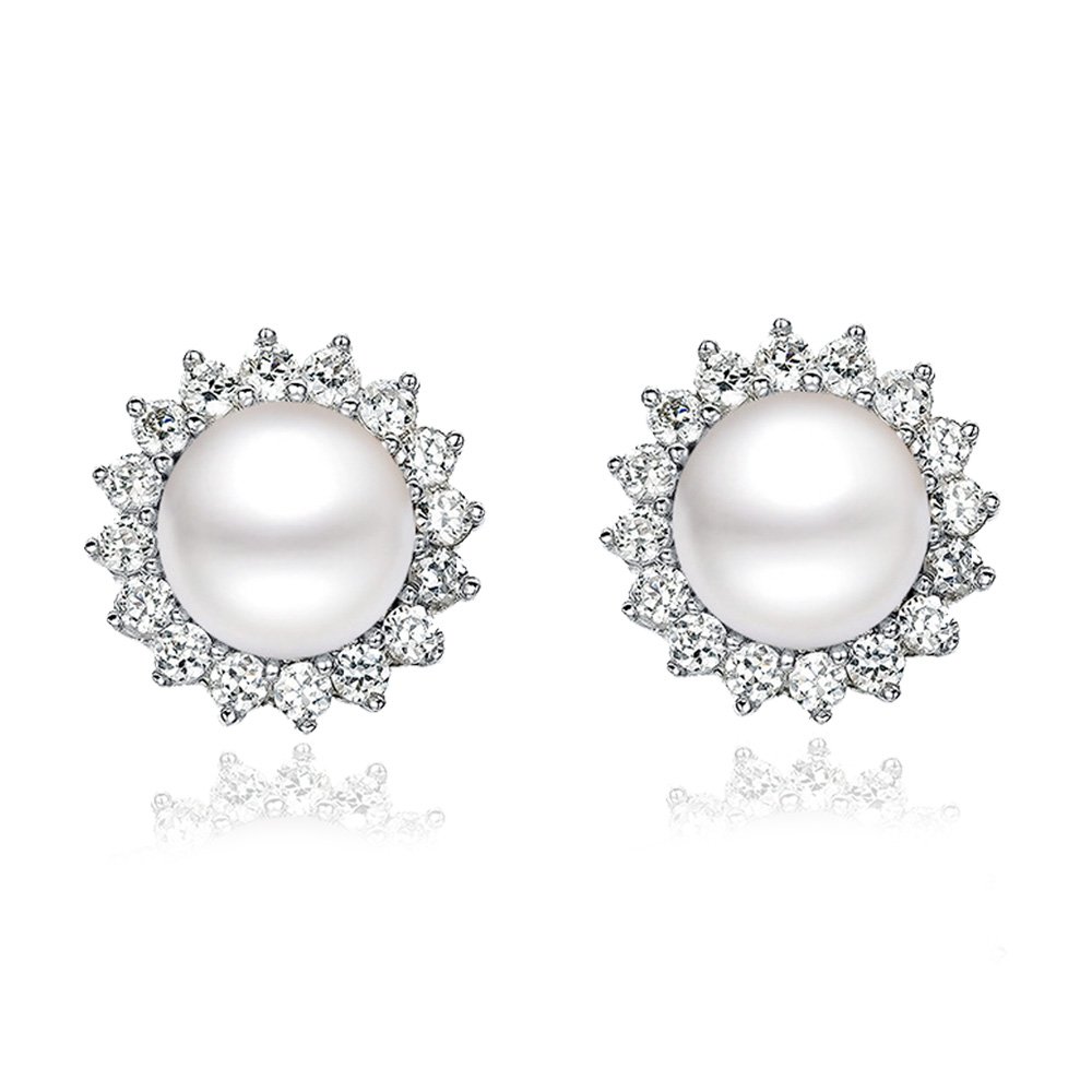 "Sunshine" 925 Sterling Silver Pearl Earrings Studs AAA Zirconia 8mm Freshwater Pearl for women