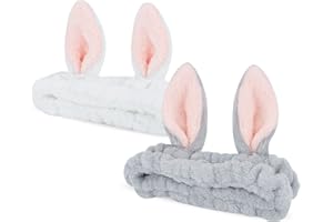 YISSION 2PCS Bunny Ears Spa Headband No Slip Head Band for Face Wash Makeup Skincare Facial Headband Elastic Hair Band Carol Fleece Headbands for Women Girls (White Gray)