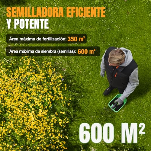 WORKPRO X 7.2 V Universal Rechargeable Battery Seeder, 8 Flow Levels, 6 Speeds and Adjustable Projection Width, Spreader for Lawn Seed, Fertilizer and Anti-Ice Salt