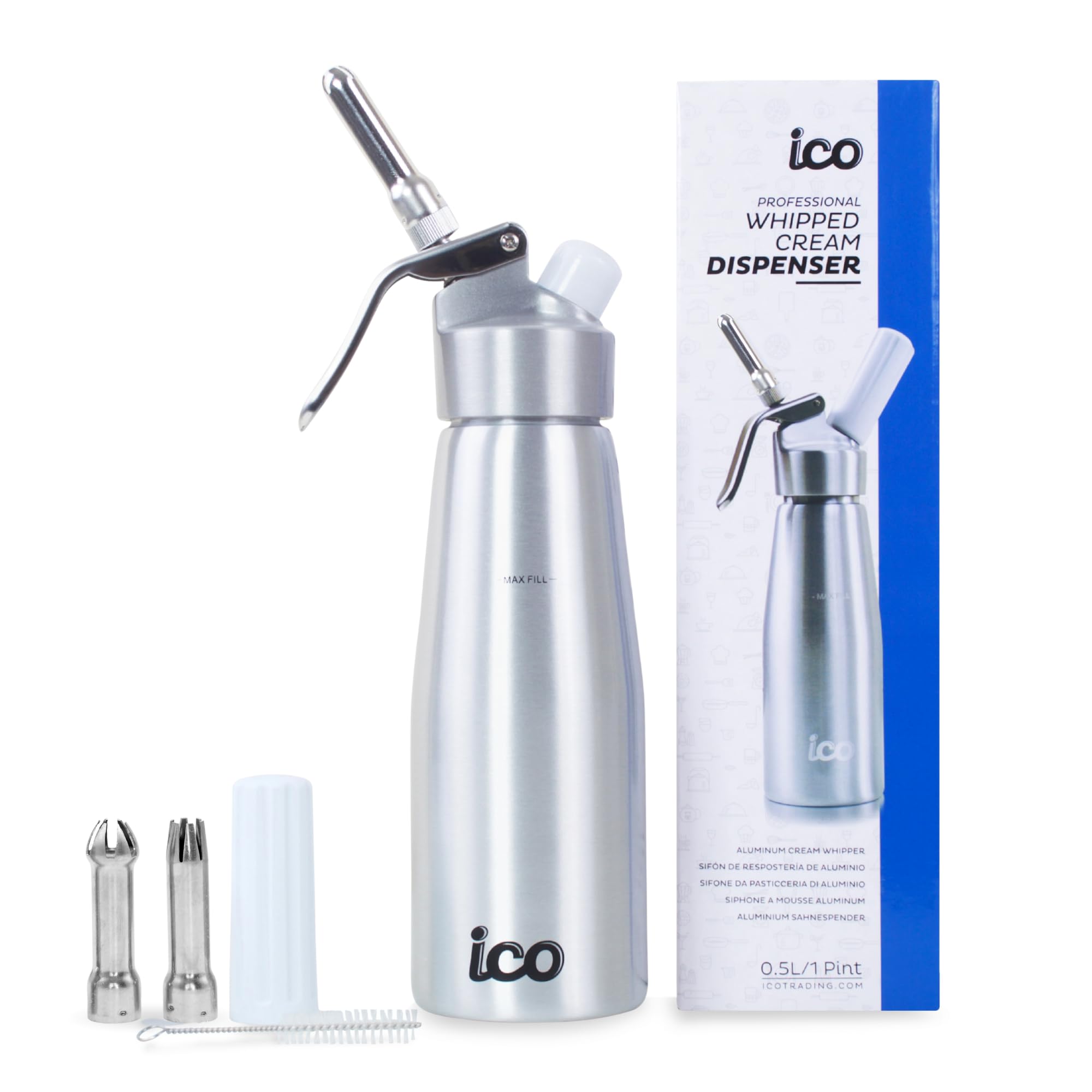 ICO Aluminum Whipped Cream Dispensers, Premium Cream Whipper for Homemade Whipping Cream - 500ml (1-Pint) Whipped Cream Maker for Desserts, Mousses & Culinary Creations